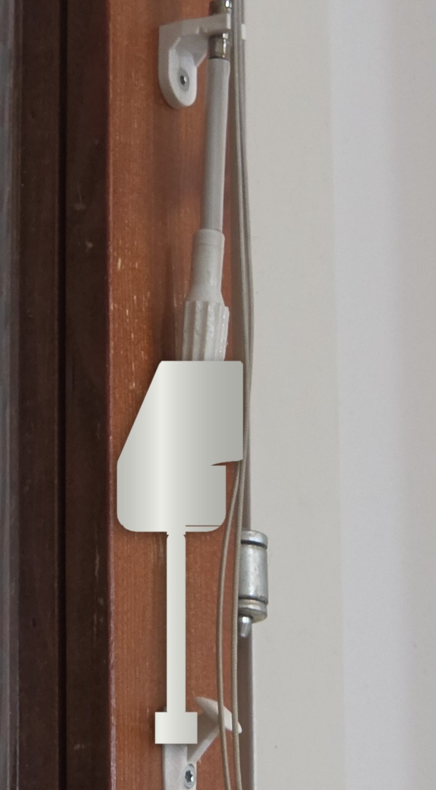 Concept composite: BlindBot head over the tilt knob, tail docked on the frame hook